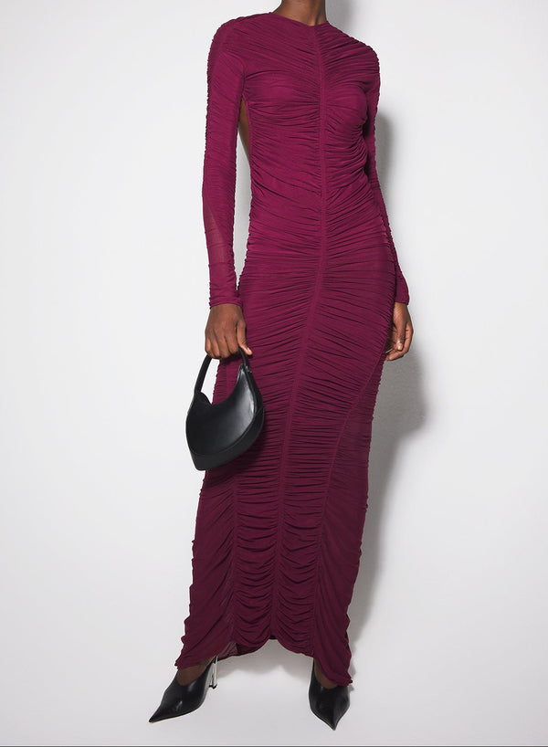 burgundy ruched gown