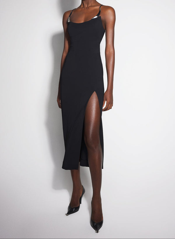 black cocktail dress with metallic details