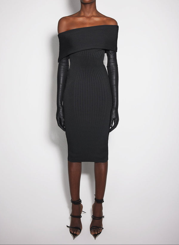 black off-shoulder knit dress