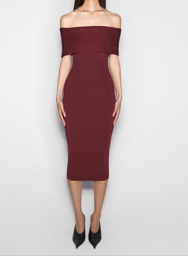 red off-shoulder knit dress