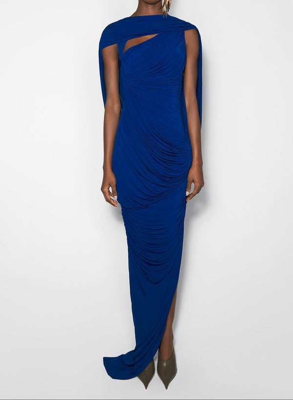 blue draped backless gown