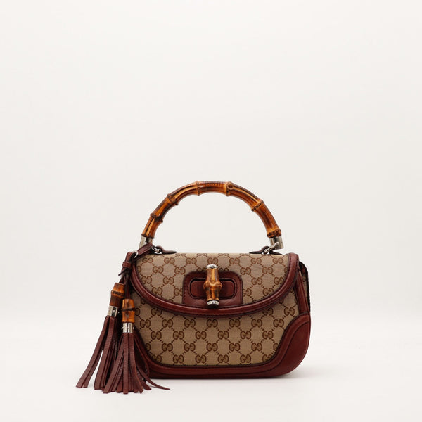 Sac Gucci Tote Bella Bambou toile monogrammée bordeaux vue de face occasion authentique — AMANA Vintage