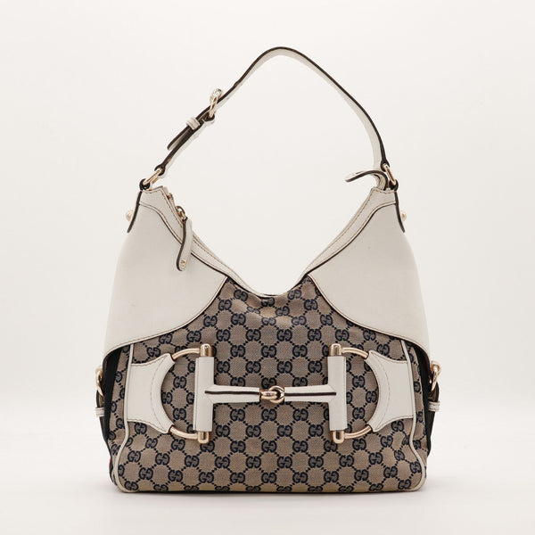 Hobo Gucci Horsebit toile monogrammée cuir blanc vue de face occasion authentique — AMANA Vintage