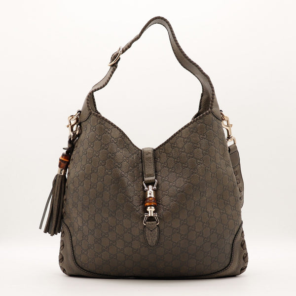 Sac Gucci New Jackie cuir Guccissima gris kaki vue de face occasion authentique — AMANA Vintage