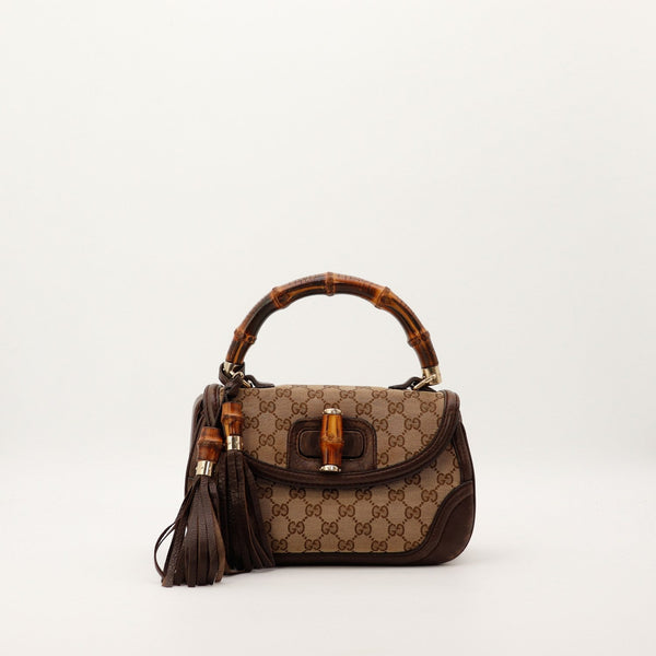 Sac Gucci Tote Bag Bambou canvas GG beige marron vue de face occasion authentique — AMANA Vintage