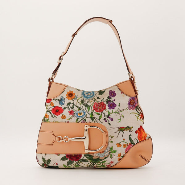Sac Gucci Hobo Jackie Flora toile ivoire imprime floral vue de face occasion authentique — AMANA Vintage