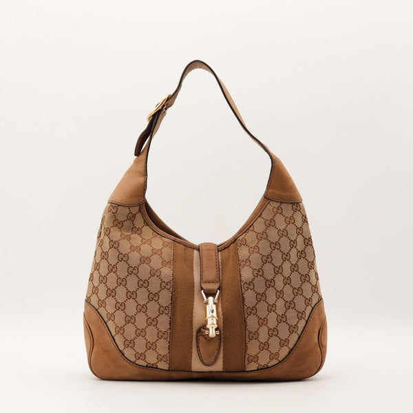 Sac Gucci New Jackie toile monogrammée beige marron vue de face occasion authentique — AMANA Vintage