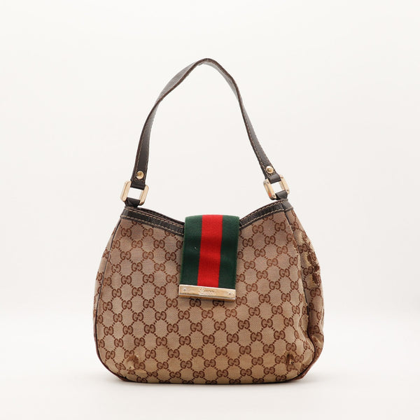 Hobo Web Gucci toile monogrammée bande Web verte rouge vue de face occasion authentique — AMANA Vintage