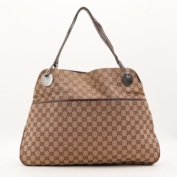 Tote Bag Gucci toile monogrammée beige marron vue de face occasion authentique — AMANA Vintage