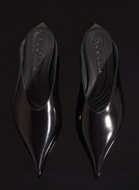 black shiny leather fang flat mules