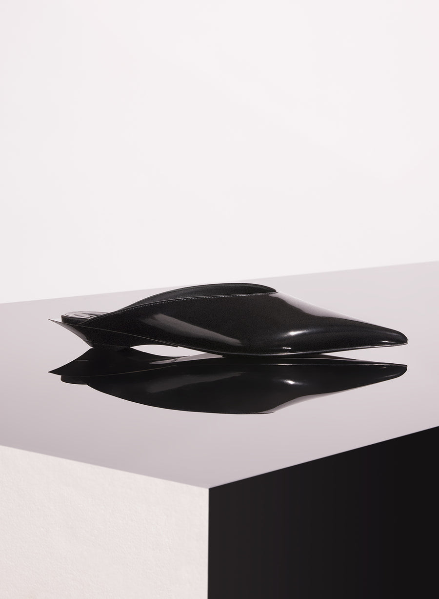 black shiny leather fang flat mules