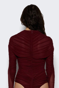 red ruched bodysuit