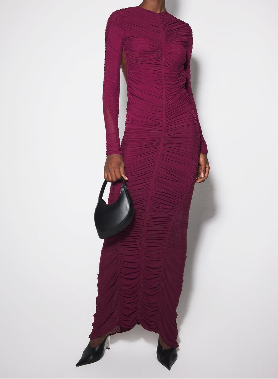 burgundy ruched gown
