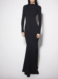 black backless buckled crepe gown