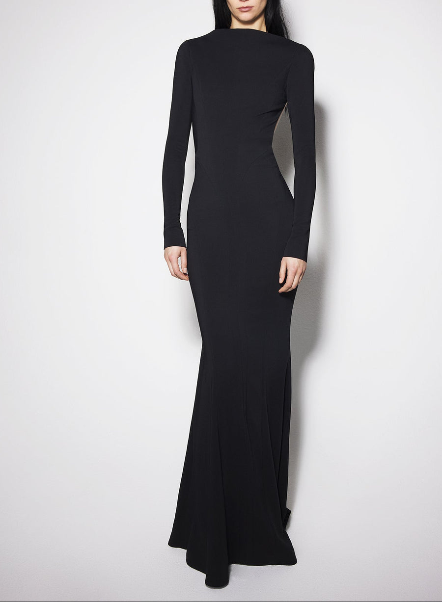 black backless buckled crepe gown