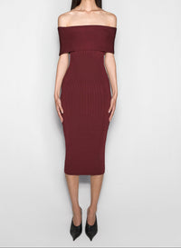 red off-shoulder knit dress