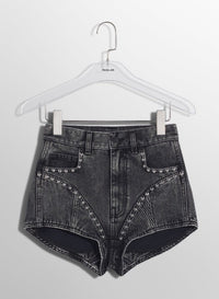 washed black denim studded shorts
