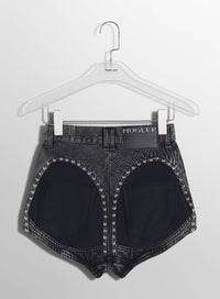 washed black denim studded shorts