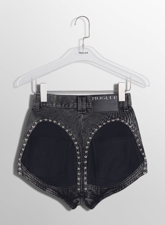 washed black denim studded shorts