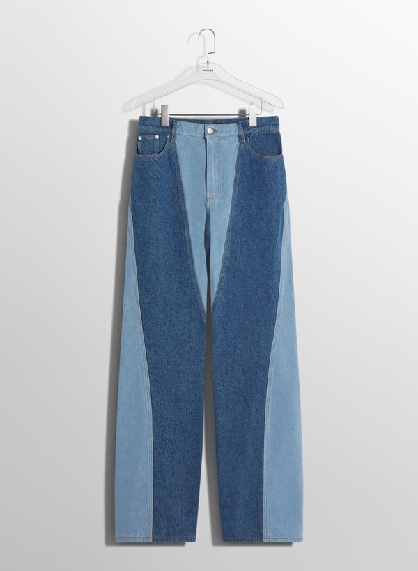 blue bi-color straight leg jeans
