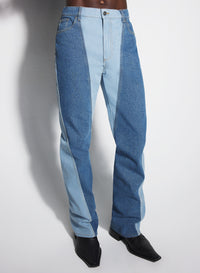 blue bi-color straight leg jeans