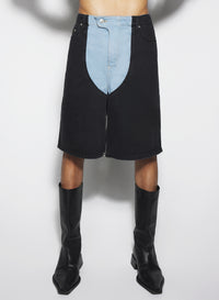 bi-color laced denim shorts