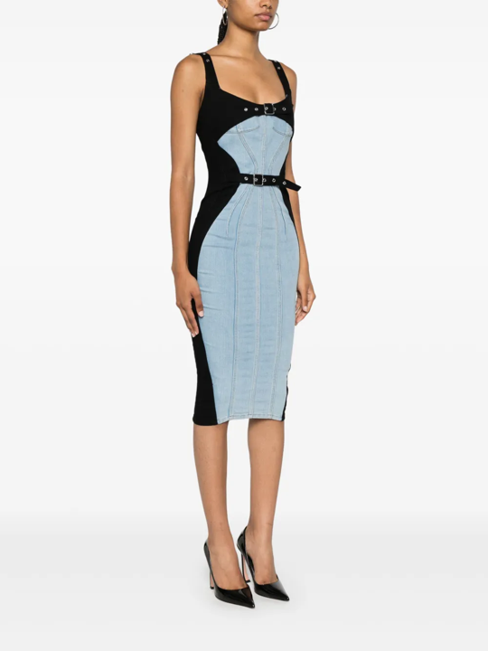 bi-color buckled denim dress