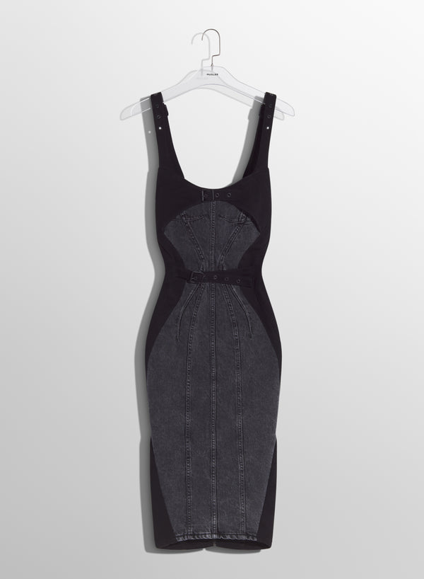 washed black buckled denim dress
