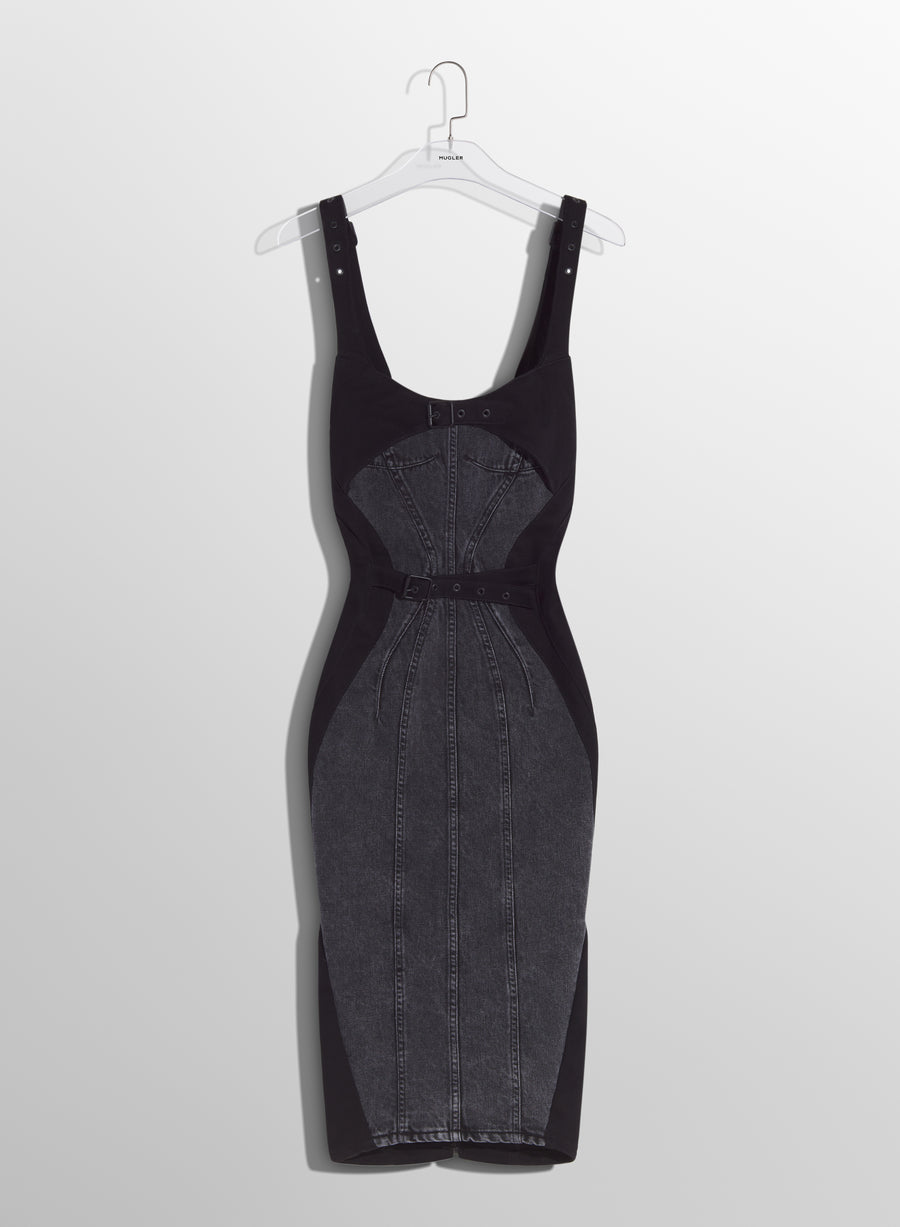 washed black buckled denim dress