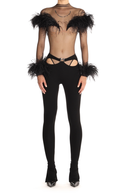 black feather sheer bodysuit