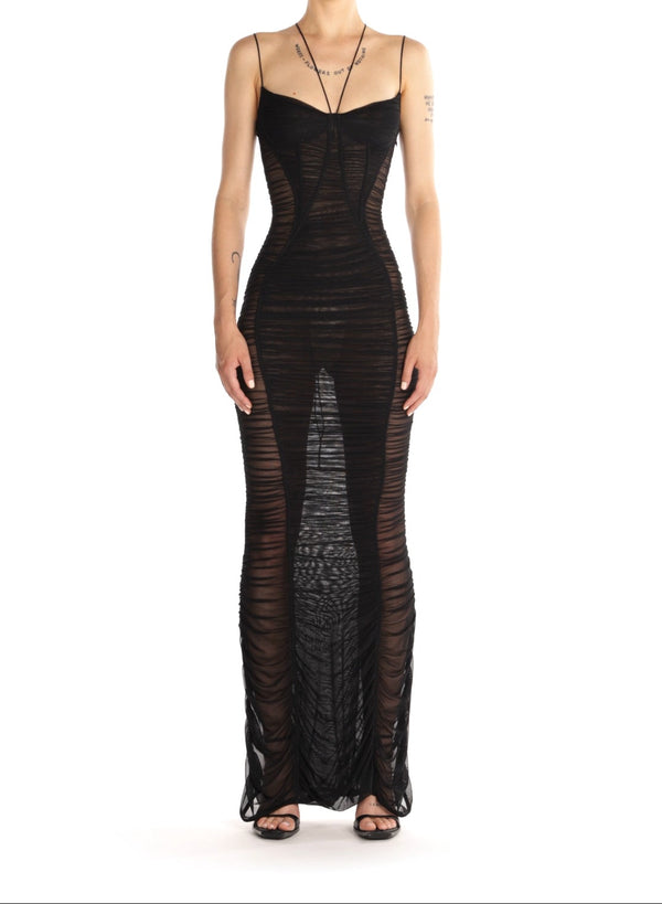 black draped mesh dress