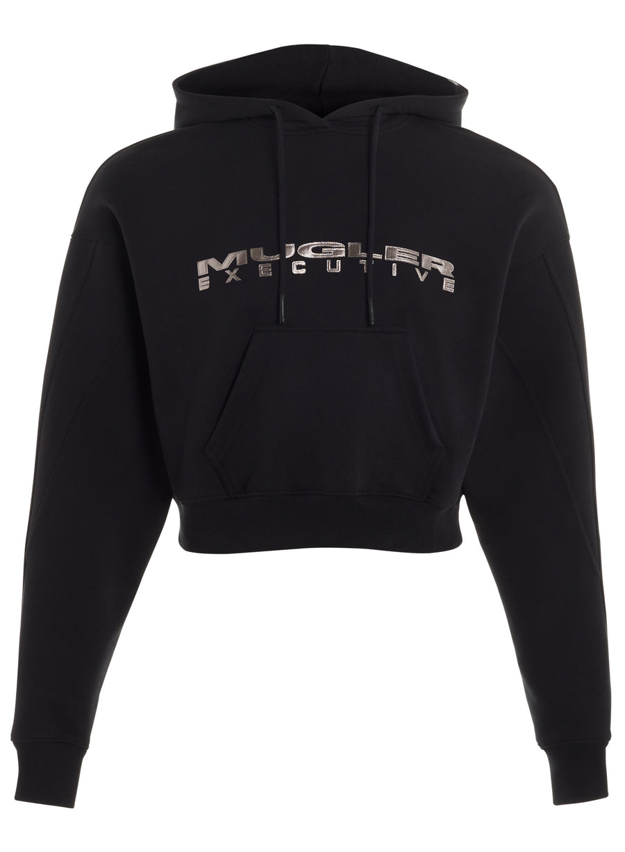 black mugler logo hoodie
