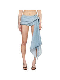 blue draped spiral denim rhinestone shorts