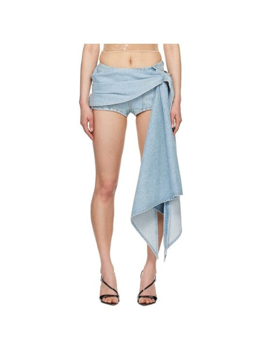 blue draped spiral denim rhinestone shorts