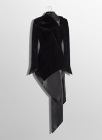 black asymmetrical velvet dress with leather collar