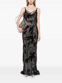 black floral print backless velvet gown