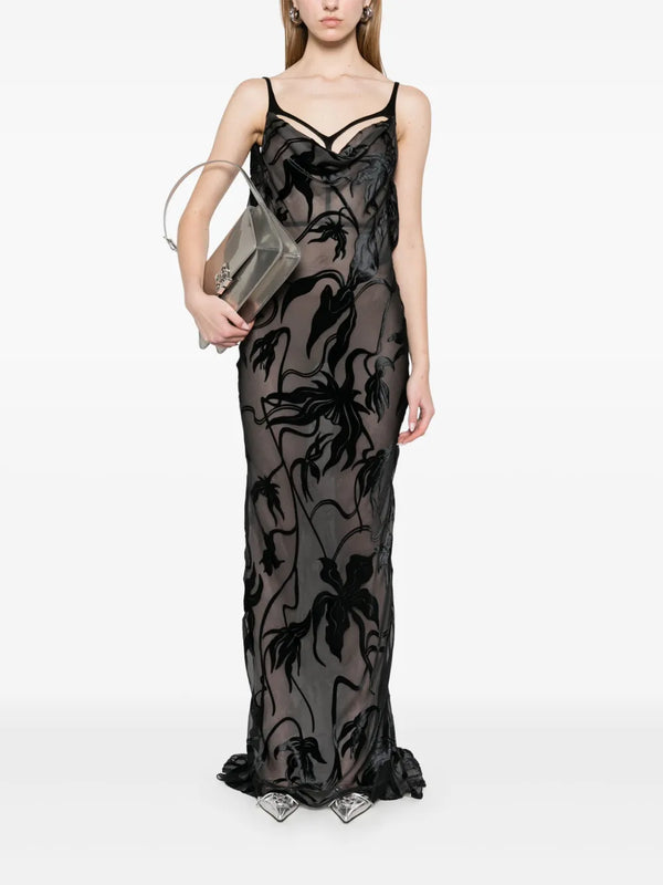 black floral print backless velvet gown