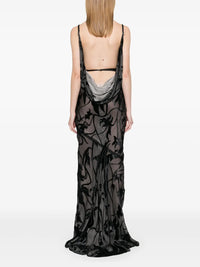 black floral print backless velvet gown