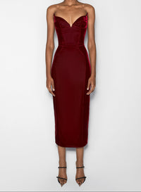 red signature strapless velvet gown