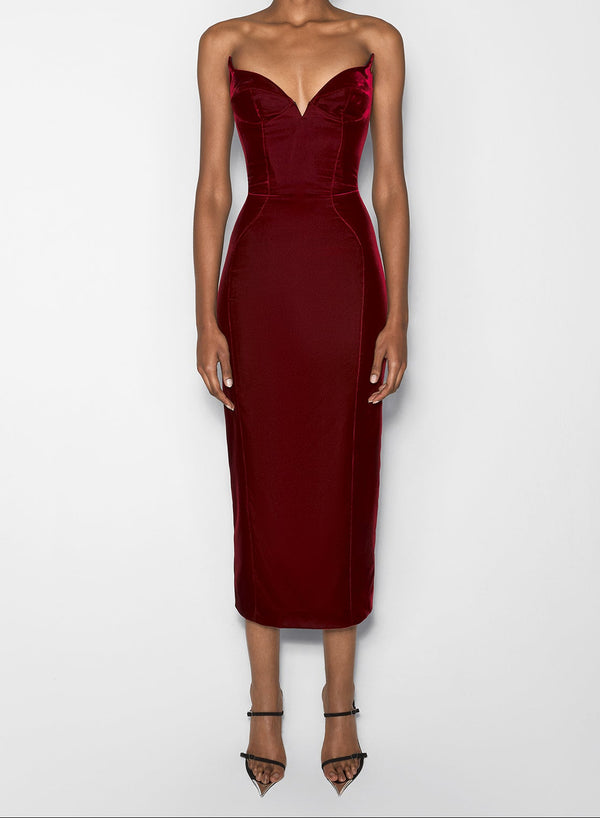 red signature strapless velvet gown