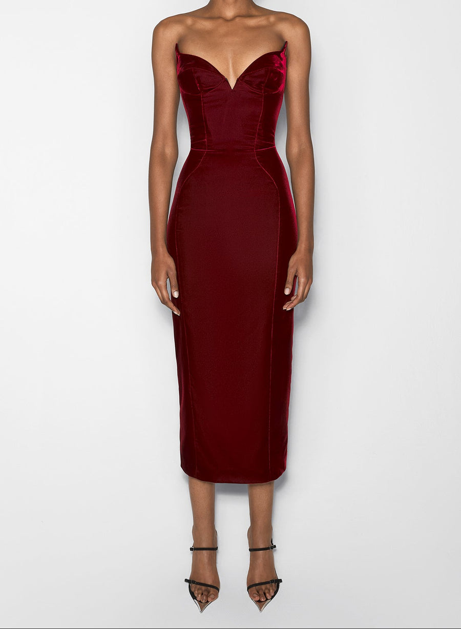 red signature strapless velvet gown