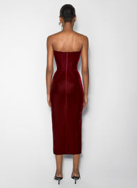 red signature strapless velvet gown
