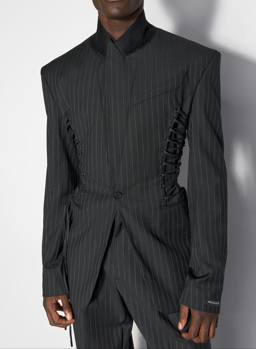 pinstripe laced up tailored jacket