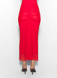 red ruched mesh skirt