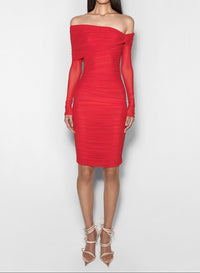 red off-shoulder ruched dress