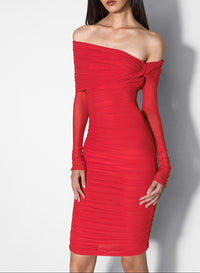 red off-shoulder ruched dress