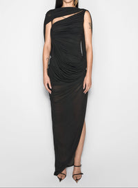 black draped backless gown