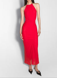 red ruched halter dress
