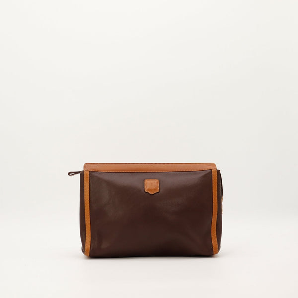 Pochette Céline cuir bicolore marron cognac vue de face occasion authentique — AMANA Vintage