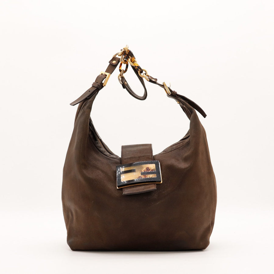 Sac Fendi Hobo cuir nubuck marron vue de face occasion authentique — AMANA Vintage